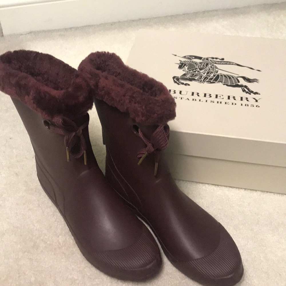 Burberry Burgundy Fur-Trim Rain & Winter Boots